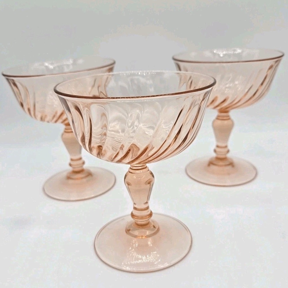 Arcoroc Rosaline Pink Swirl Champagne‎ Coupe Glasses Set Of 3 Vtg Made In France